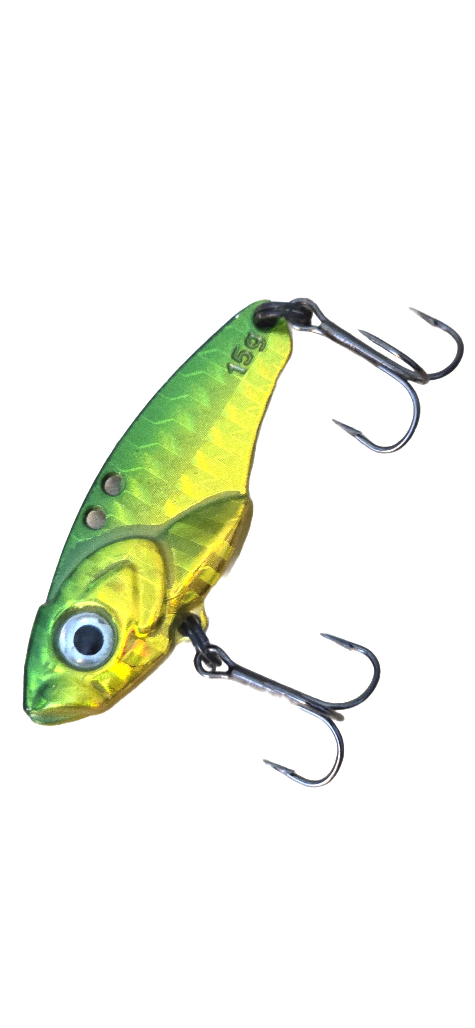 Yellow and green fishing lure with a hook on a white background