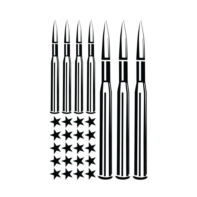 Black silhouette of rifle cartridges and American flag on a white background
