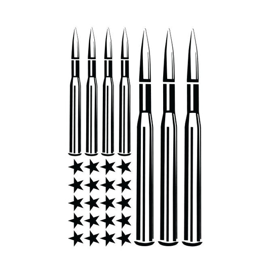 Black silhouette of rifle cartridges and American flag on a white background