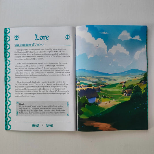 Open book with text and a colorful illustration of a landscape on a gray background