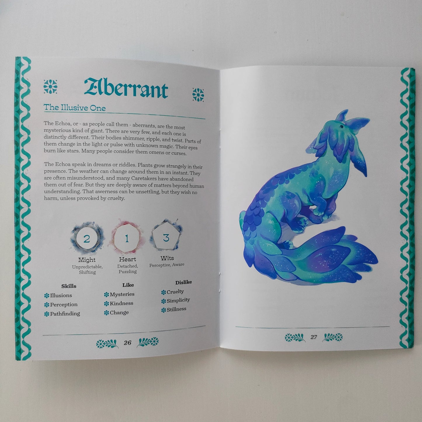 Open book with a blue creature illustration and text on a white background
