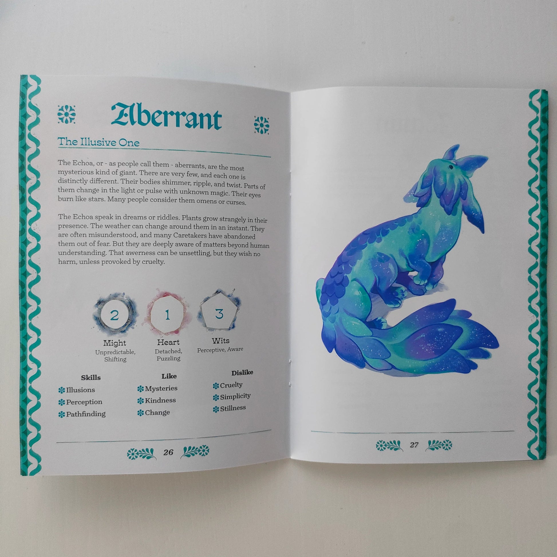 Open book with a blue creature illustration and text on a white background