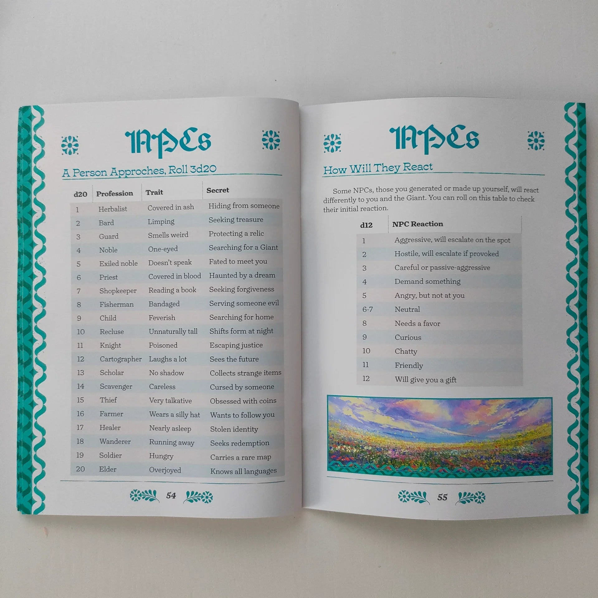 Open book with game rules and character sheet on a white background