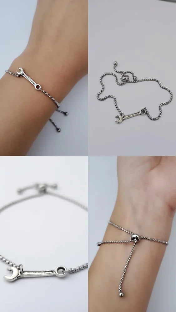 Silver bracelet with a unique design on a white background