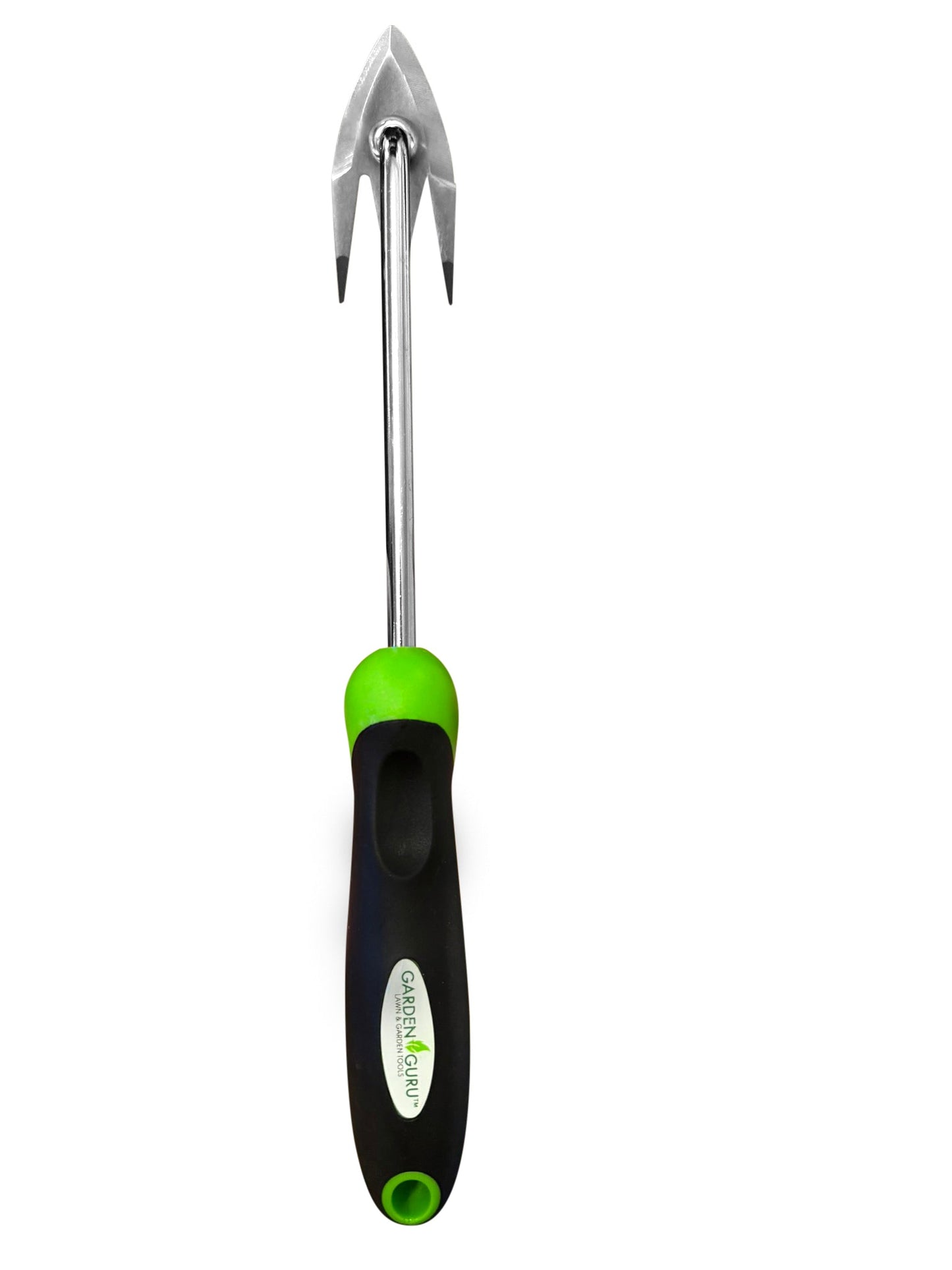 Gardening tool with a green handle on a white background