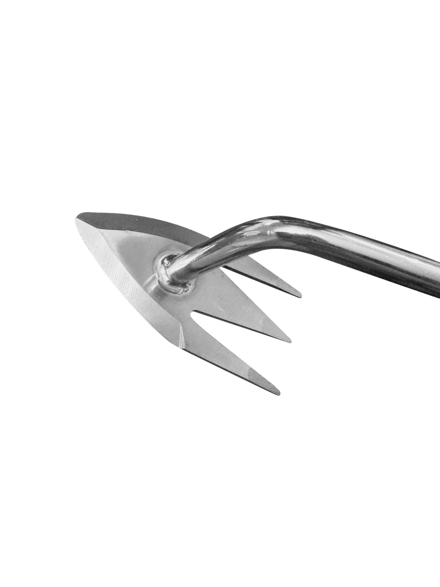Metallic tool with a pointed blade and curved prongs on a white background