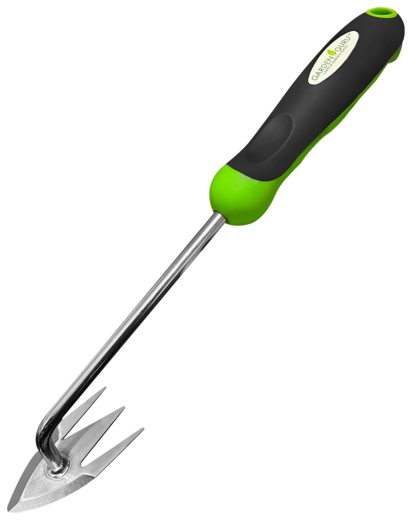 Gardening tool with green handle on a white background