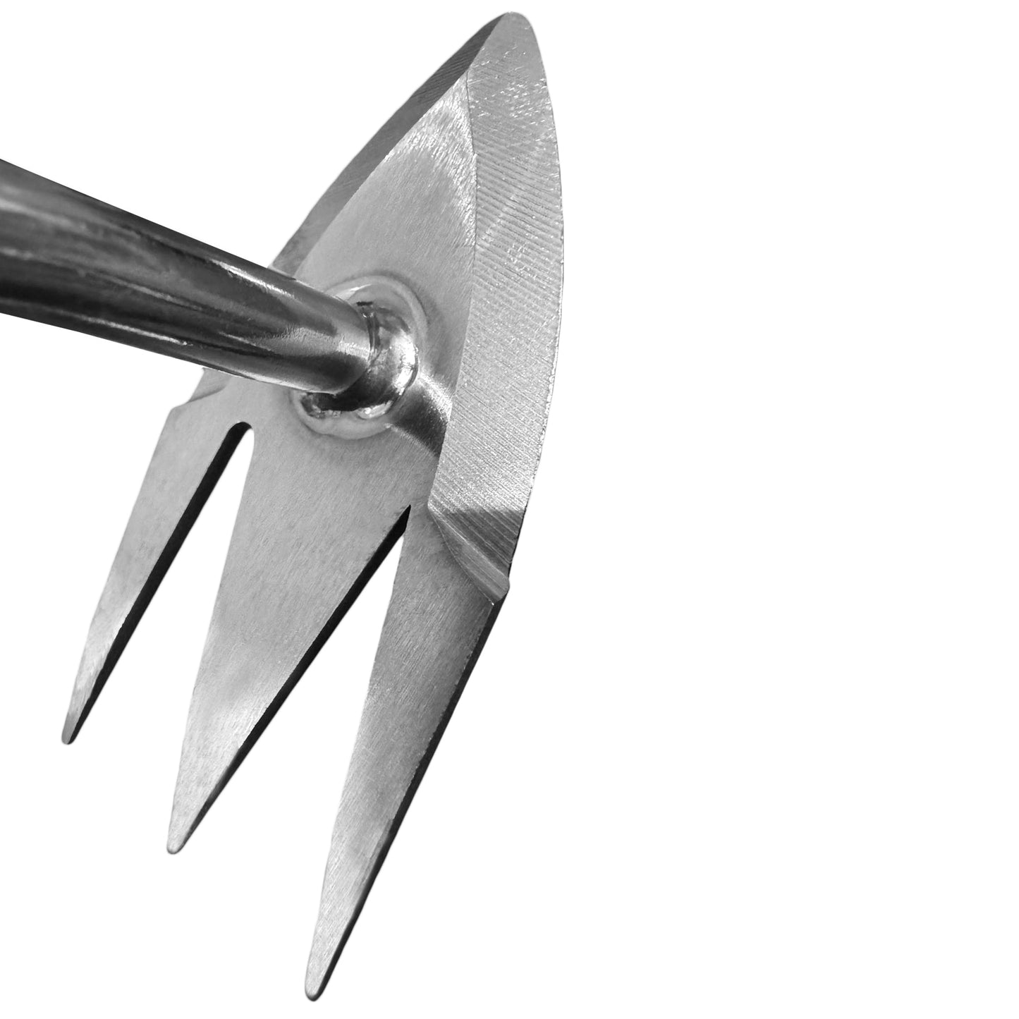 Metal gardening tool with a pointed head on a white background