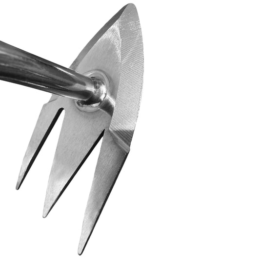 Metal gardening tool with a pointed head on a white background