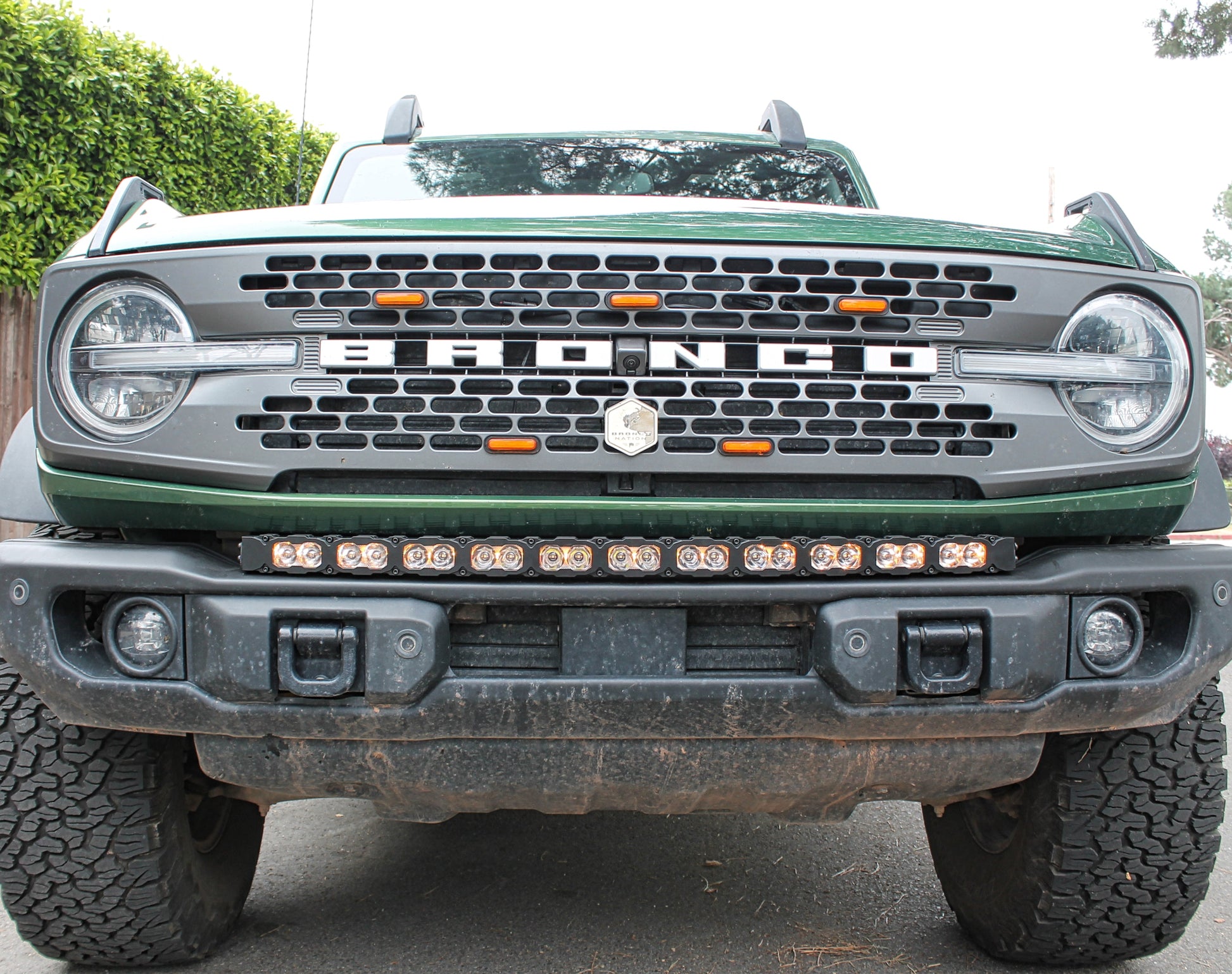 Front view of a Ford Bronco with visible branding, off-road features and LED Light Bar.