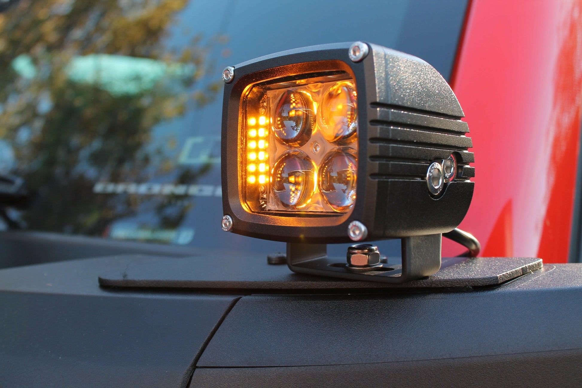 LED work light on a vehicle with a blurred background
