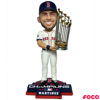 Bobblehead of a red sox baseball player holding a trophy with 'FOCO' branding on a white background