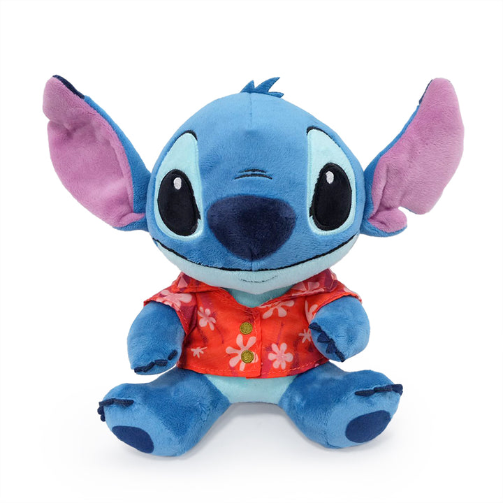 Plush toy resembling a character with a red floral shirt on a white background