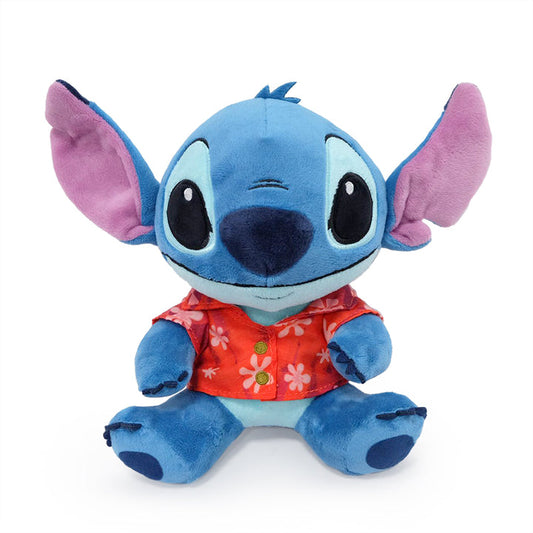 Plush toy resembling a character with a red floral shirt on a white background