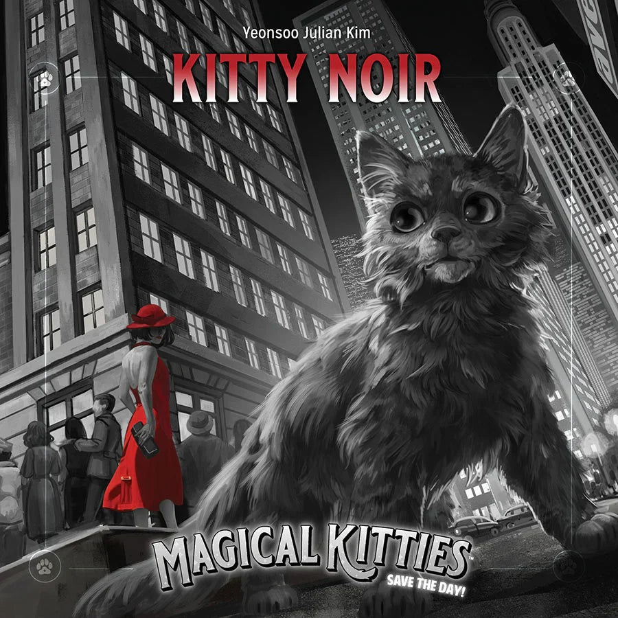 Illustration of a large cat in an urban setting with 'Kitty Noir' and 'Magical Kitties Save the Day!' text.