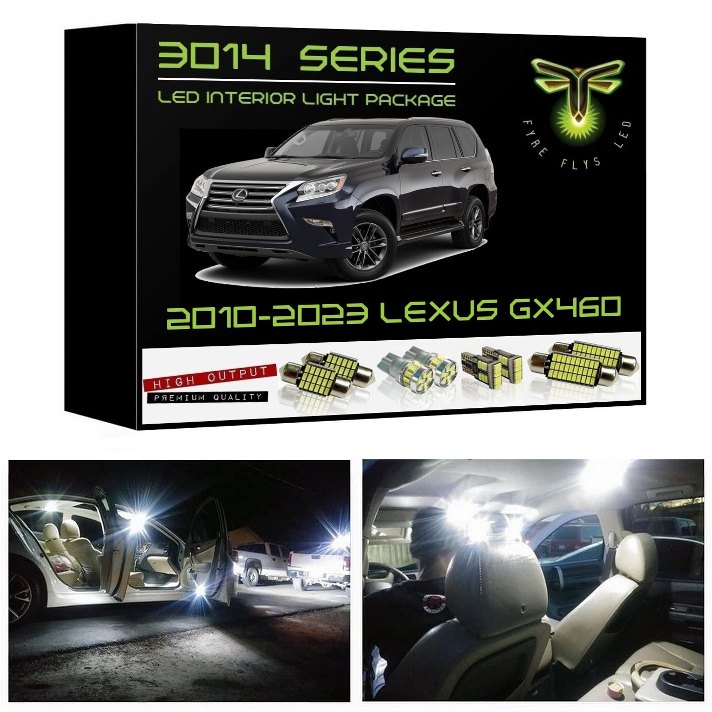 Boxed LED interior light package for 2010-2023 Lexus GX460 with images of car interior lights on.