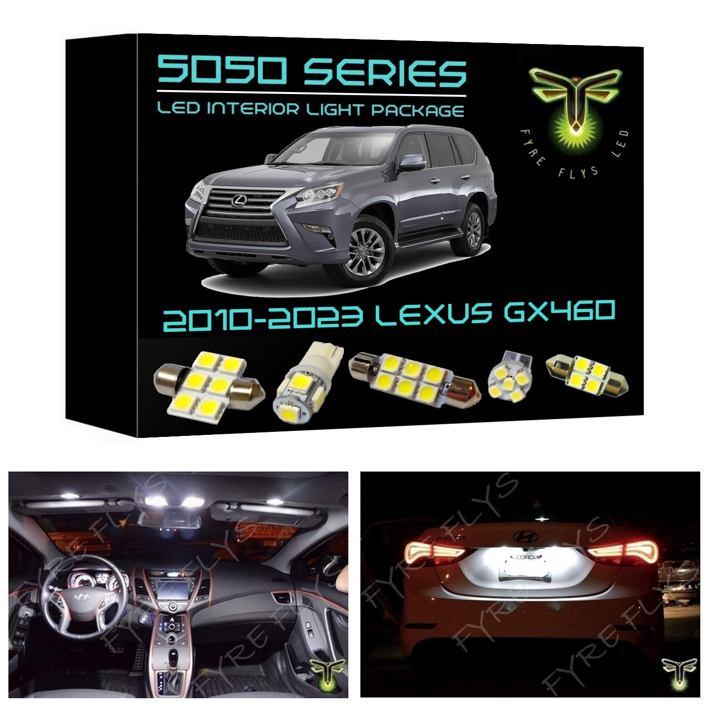 LED interior light package for 2010-2023 Lexus GX460 with product packaging and usage examples.