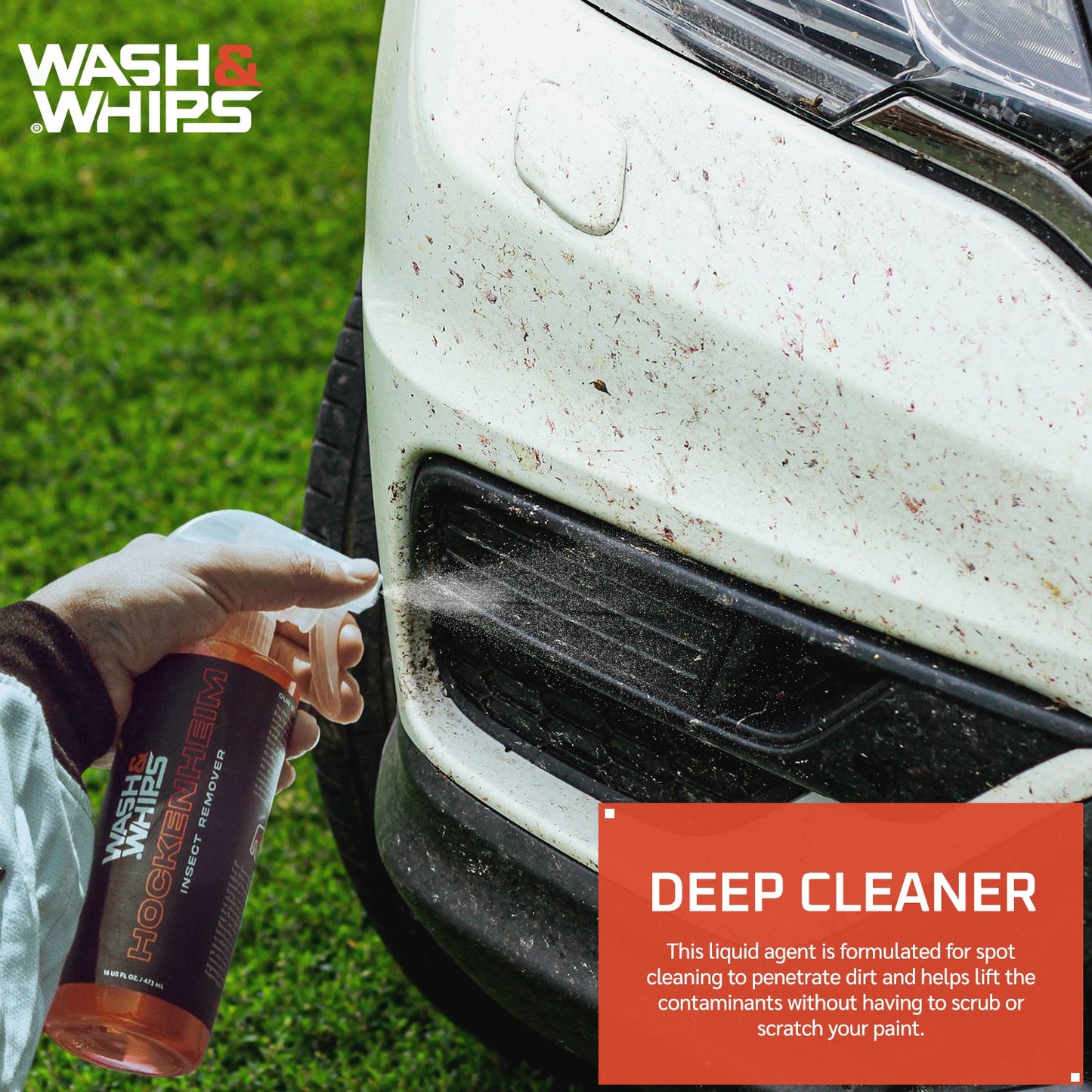 Person using Wash & Whips deep cleaner on a car's front bumper with grass background