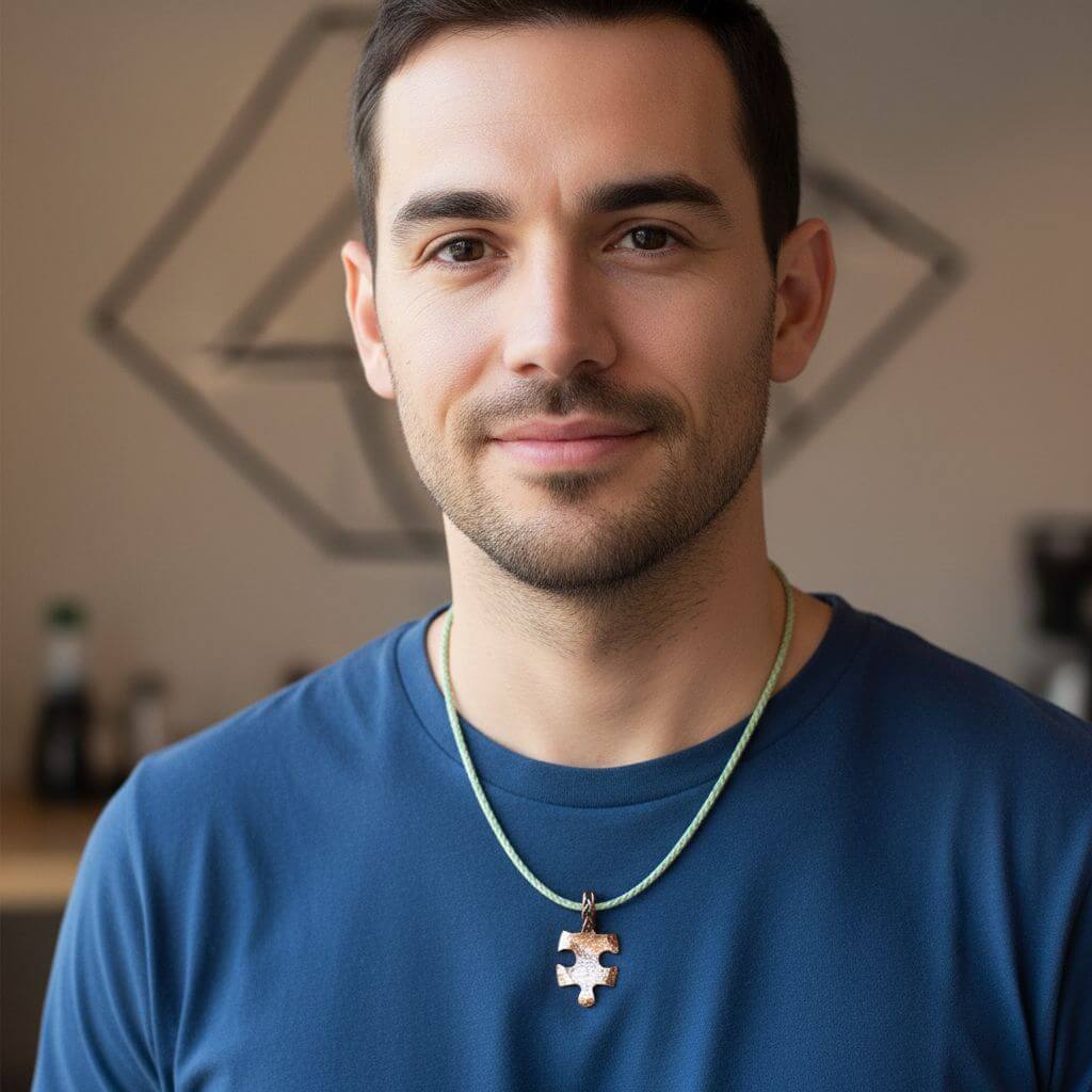 Man wearing a blue shirt with a necklace featuring a puzzle piece pendant, indoors.