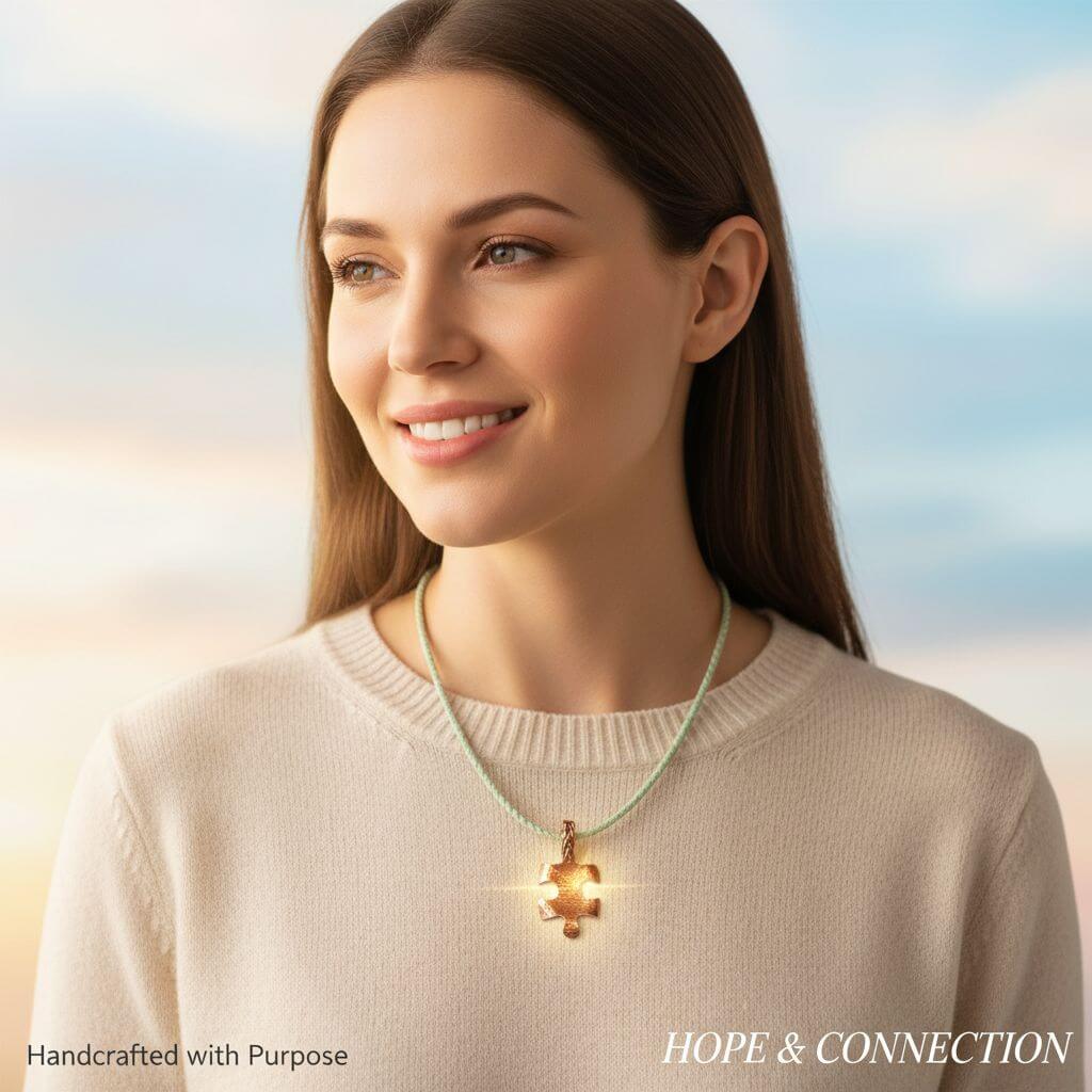 Woman wearing a necklace with a pendant against a blurred natural background