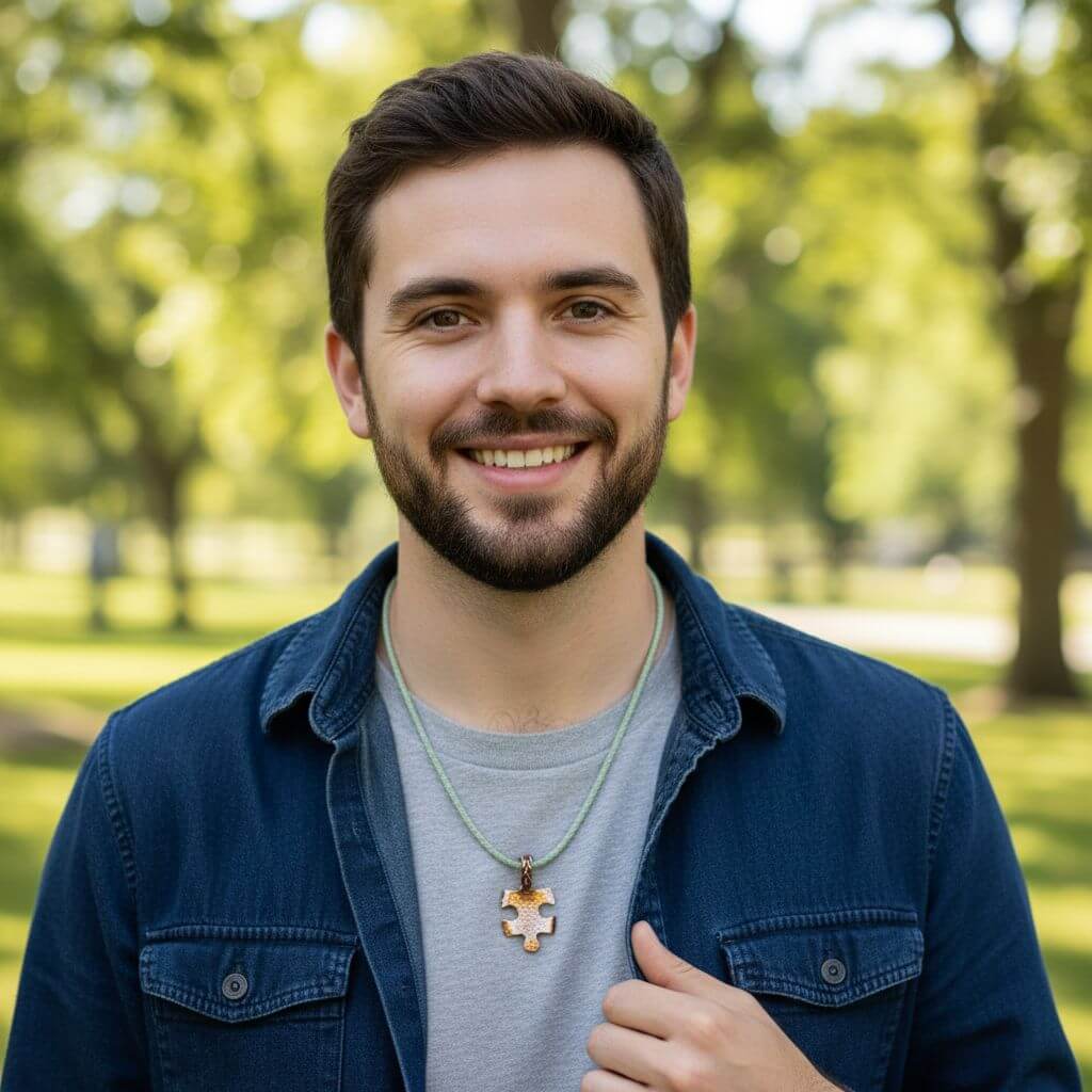 Man with a beard and blue jacket standing in a park wearing AUtism Necklace