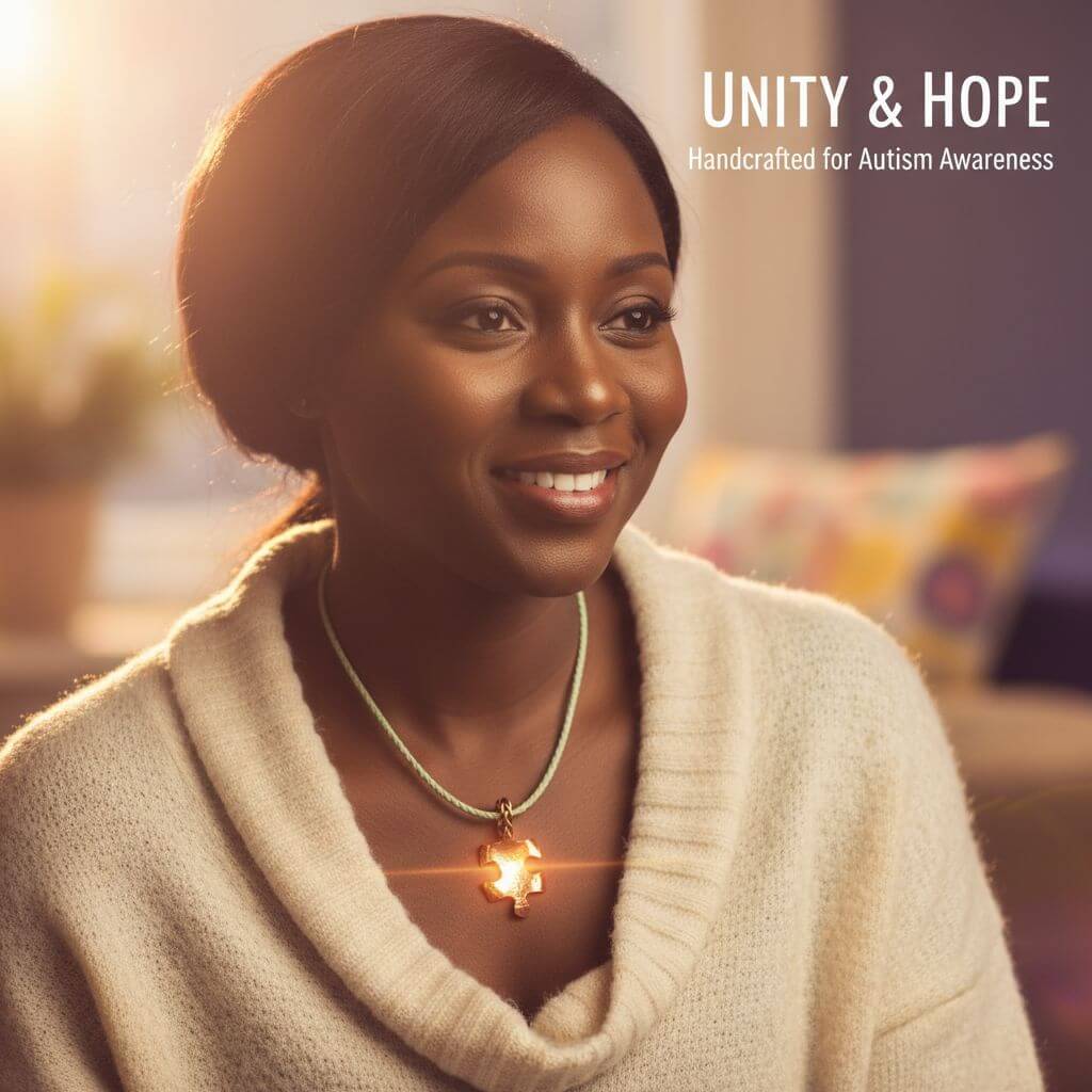Woman wearing a necklace with a glowing pendant, surrounded by warm lighting, for autism awareness.