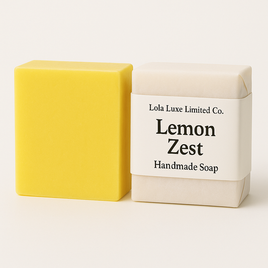 Lemon Zest- Lemon Scented Handmade Soap next to its packaging with 'Lola Luxe Limited Co.' branding on a white background.