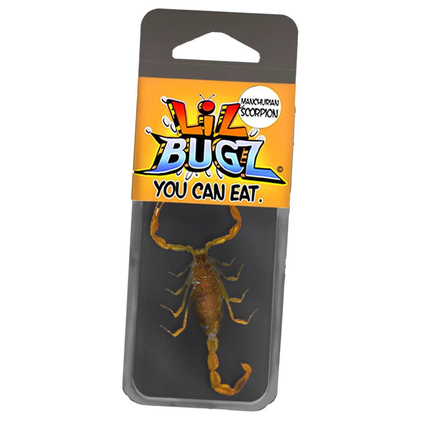 Packaged edible scorpion with 'Lil' Bugz' branding on a white background