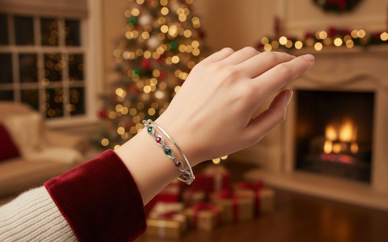 Hand wearing a bracelet with a Christmas tree and fireplace in the background