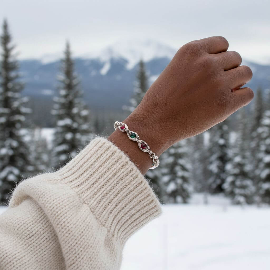 Hand wearing a bracelet with gemstones against a snowy mountain background