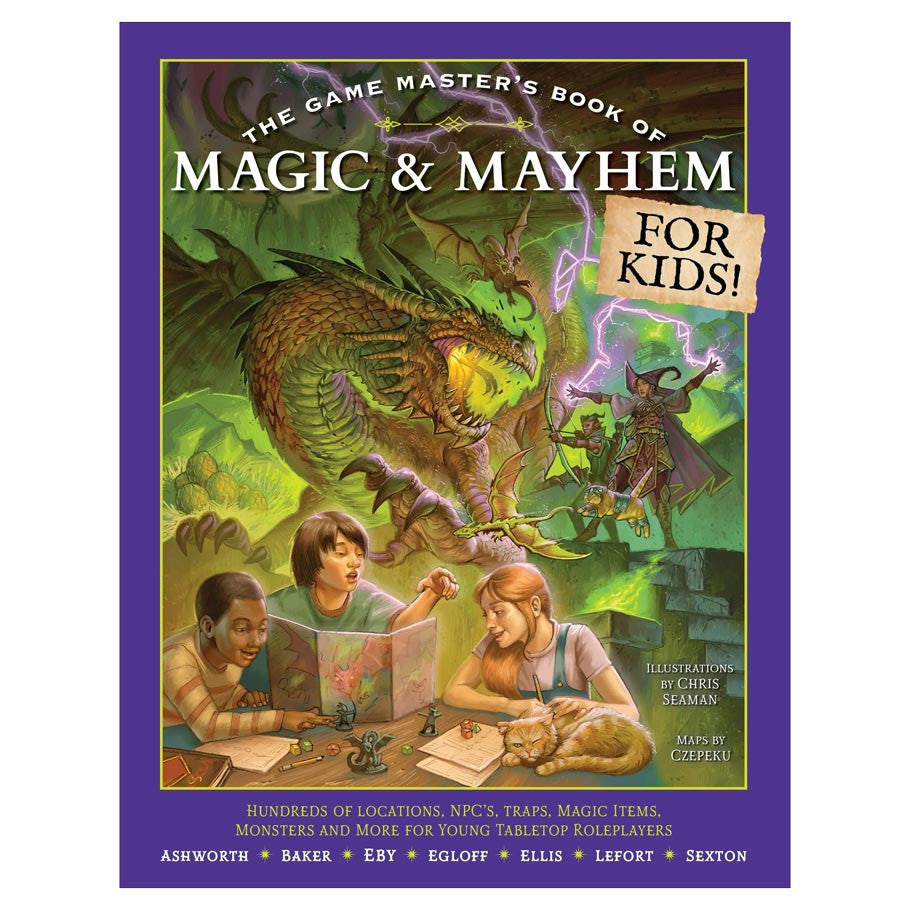 Book cover of 'The Game Master's Book of Magic & Mayhem for Kids' with illustrations of children and a dragon.
