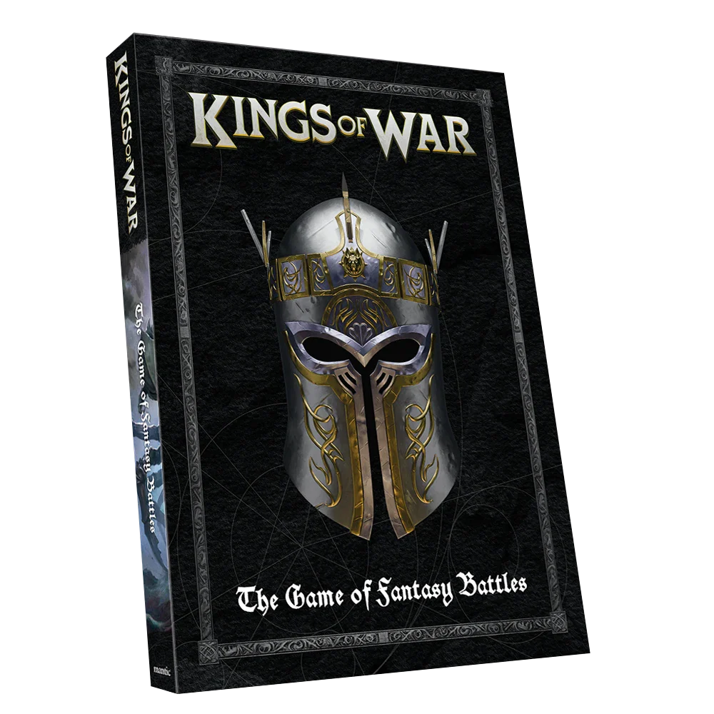 Kings of War game box with a helmet design on a black background