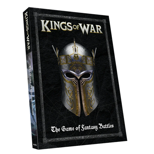 Kings of War game box with a helmet design on a black background