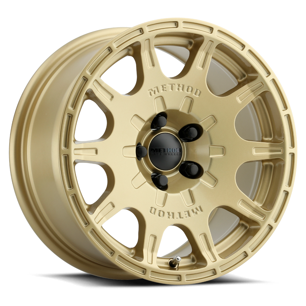 Gold alloy wheel with 'Method' branding on a white background