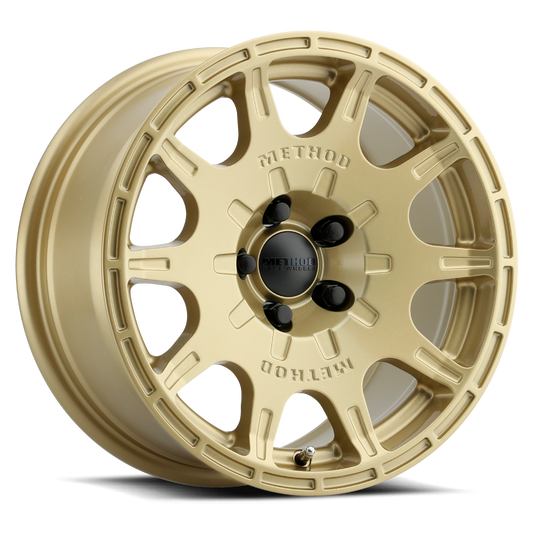 Gold alloy wheel with 'Method' branding on a white background