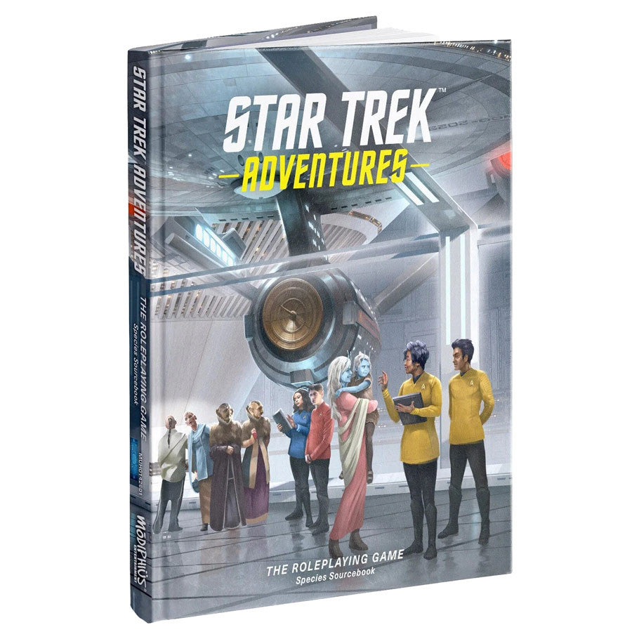 Star Trek Adventures roleplaying game sourcebook with characters on a spaceship deck.