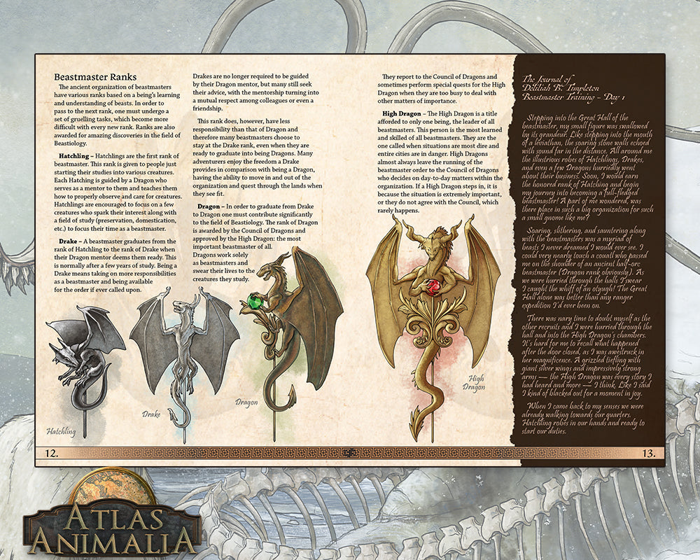 Illustrated book page with dragons and text on a decorative background