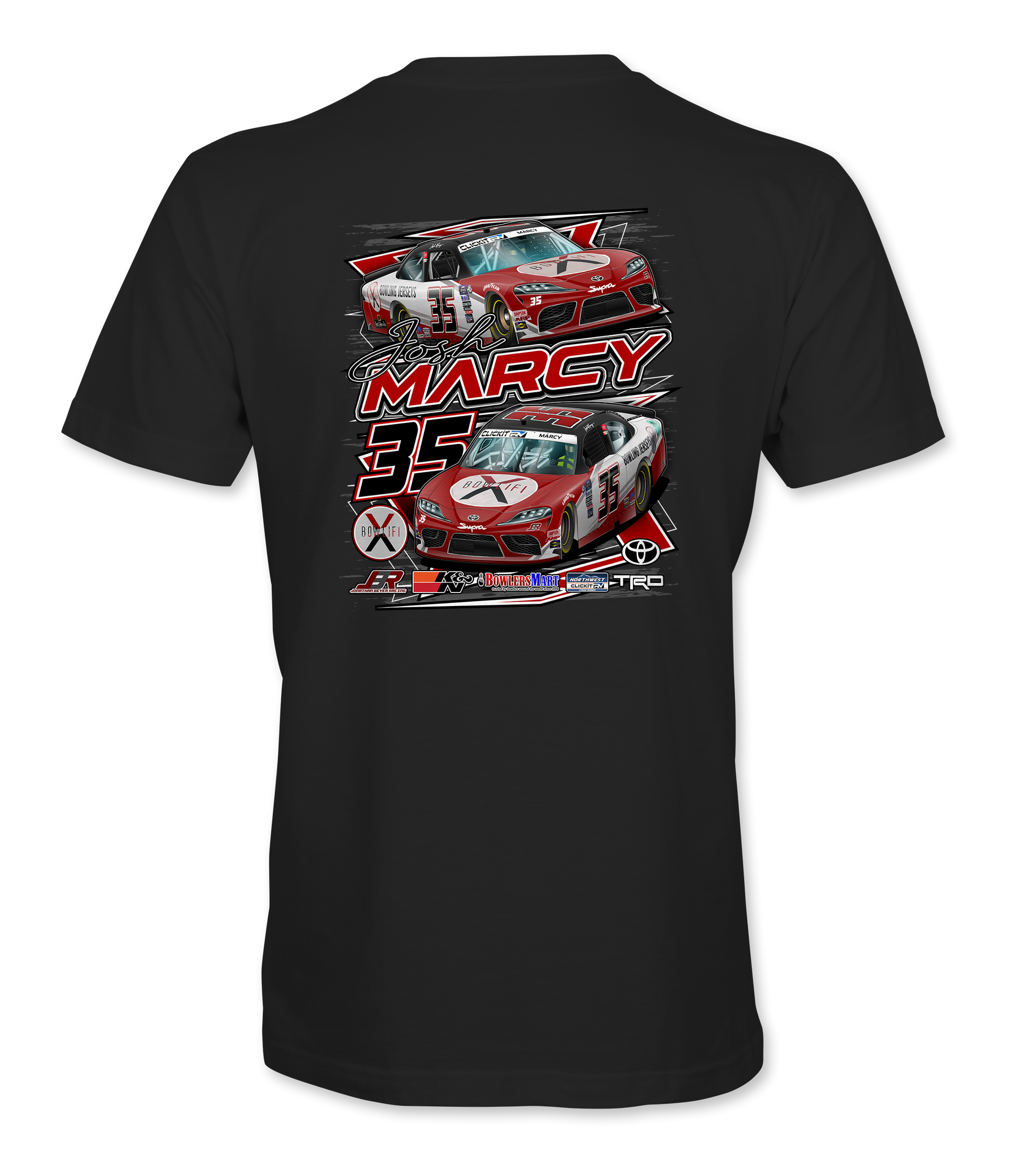 Black t-shirt with red and white graphic design on the back featuring the word 'Marcy'.