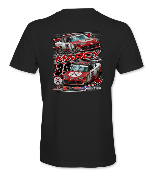 Black t-shirt with red and white graphic design on the back featuring the word 'Marcy'.