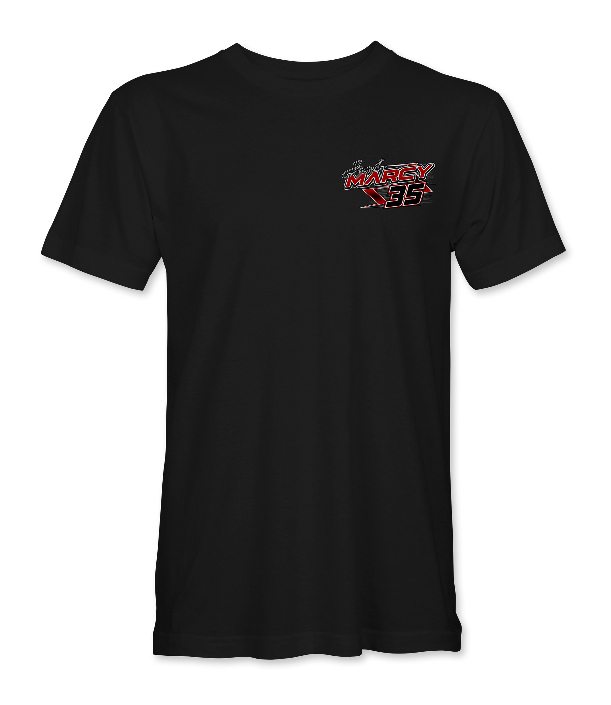 Black t-shirt with a logo on the chest against a white background