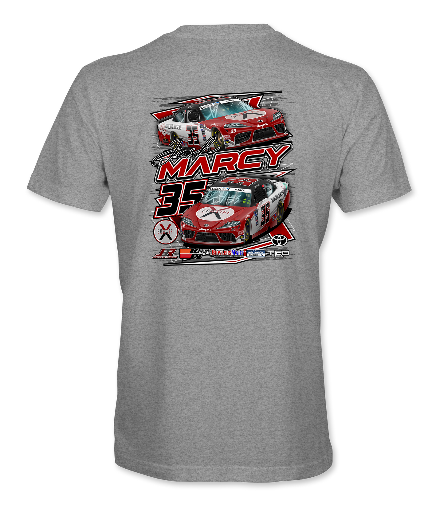 Gray t-shirt with racing car design and 'Marcy' branding on a white background