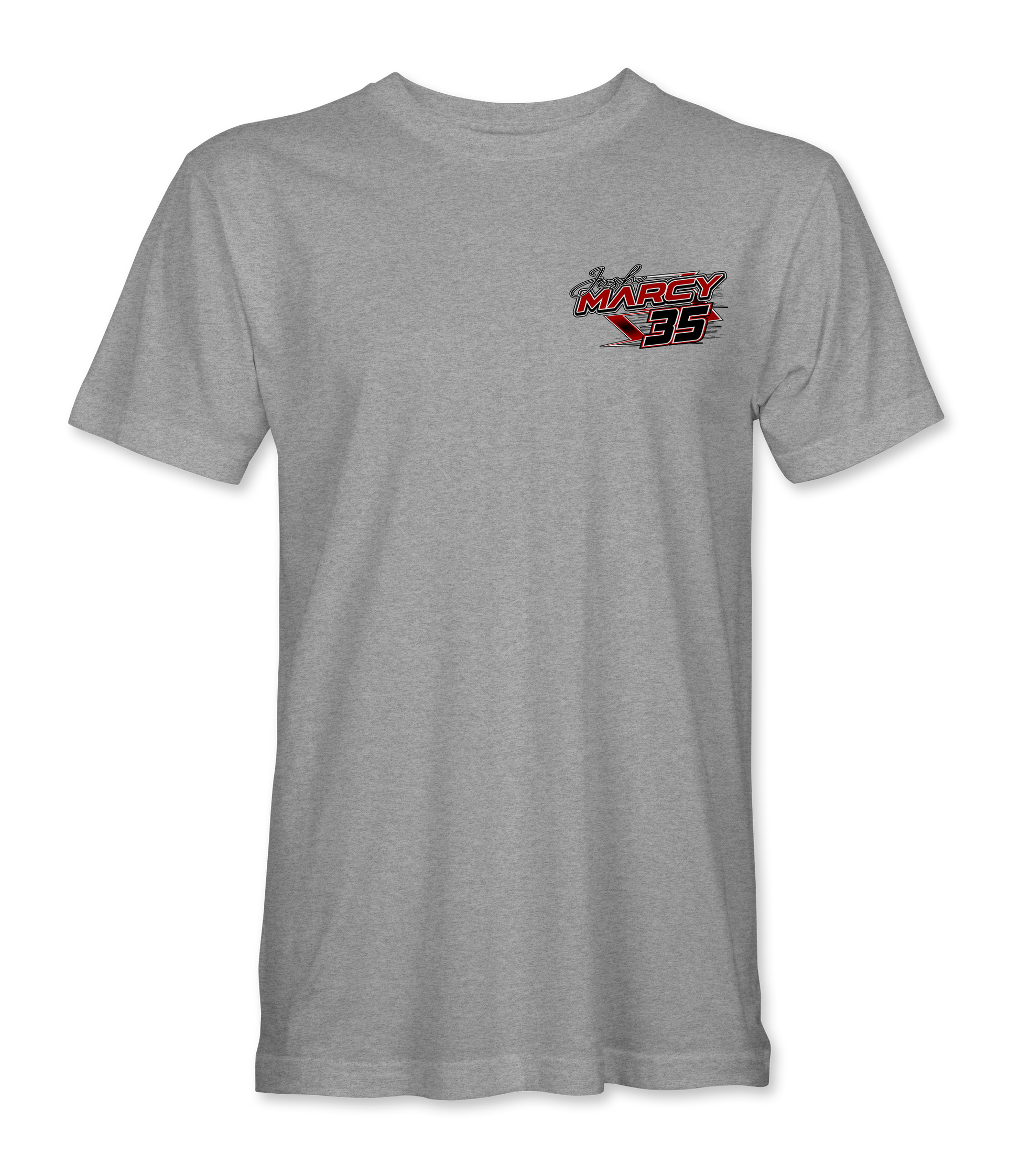 Gray t-shirt with a logo on the chest against a white background