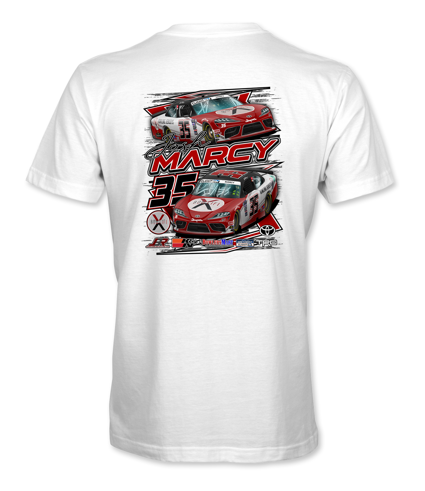 White t-shirt with red and black race car graphic and 'Marcy' text on a white background