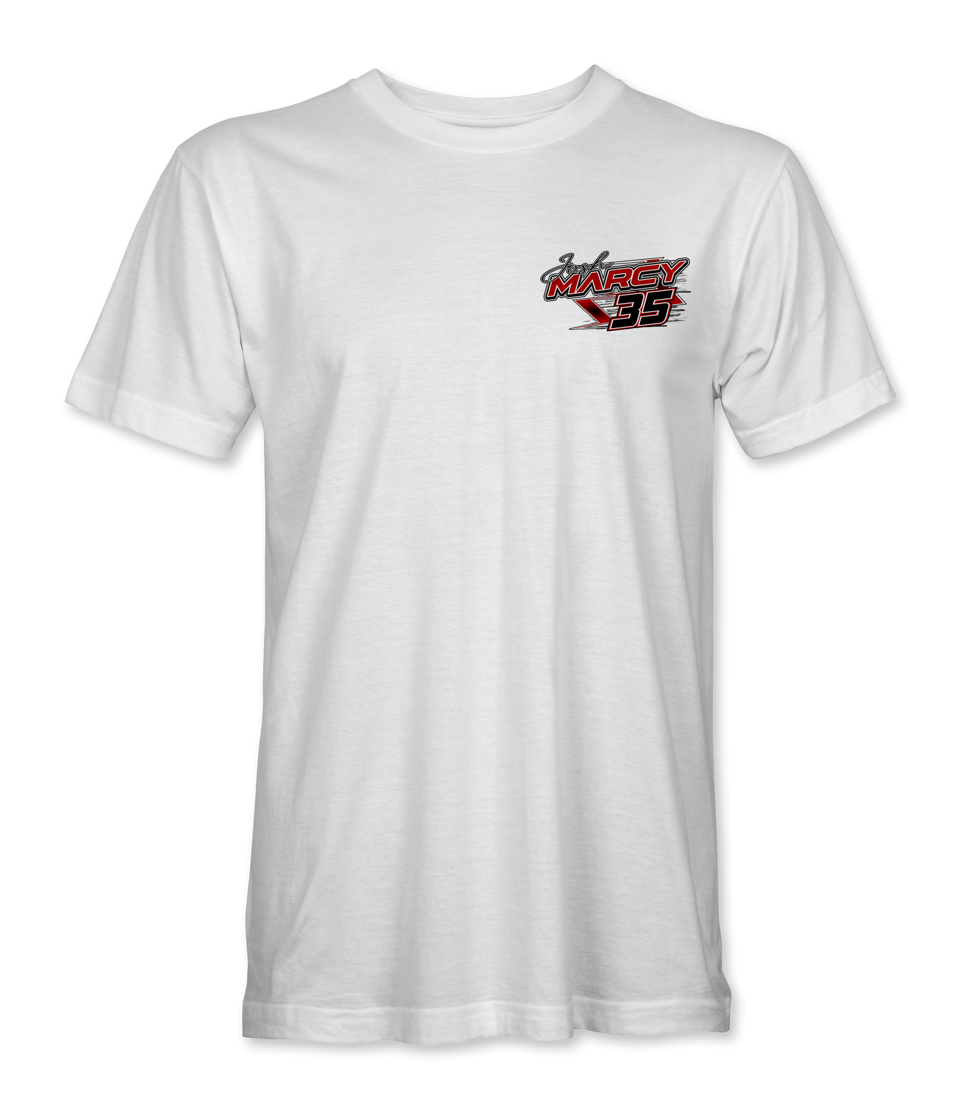 White t-shirt with a logo on the chest against a white background