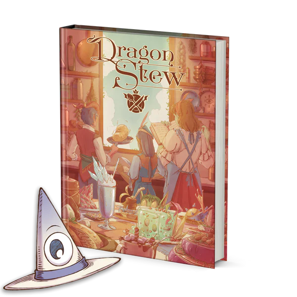 Book titled 'Dragon Stew' with a colorful cover featuring people around a table, next to a cartoon witch hat.
