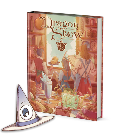 Book titled 'Dragon Stew' with a colorful cover featuring people around a table, next to a cartoon witch hat.