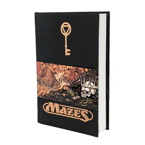 Black notebook with 'Mazes' design and key symbol on cover
