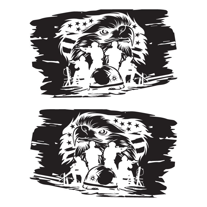 Two black and white illustrations of an eagle with a helmet and American flag background.