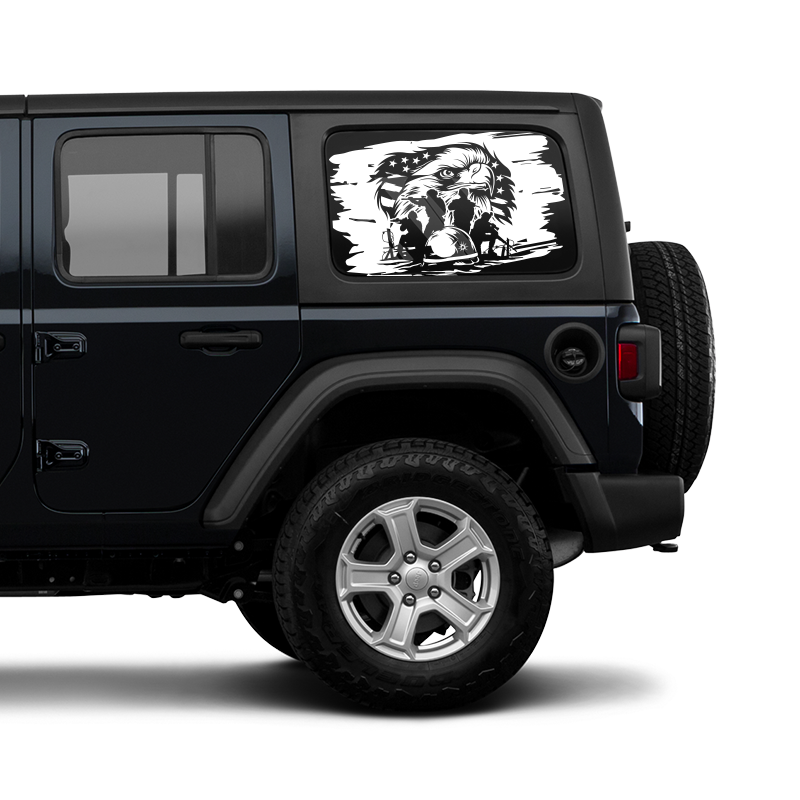 Black Jeep Wrangler with a graphic on the back window against a white background
