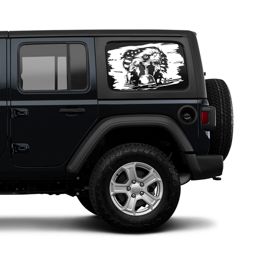 Black Jeep Wrangler with a graphic on the back window against a white background